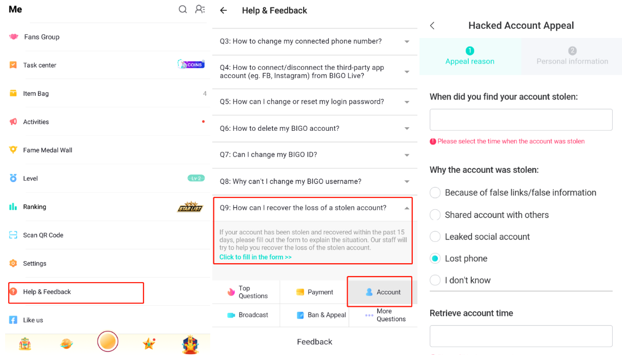 بازیابی حساب هک شده بیگو لایو: راهنمای کامل 4 BIGO LIVE stolen account loss recovery form