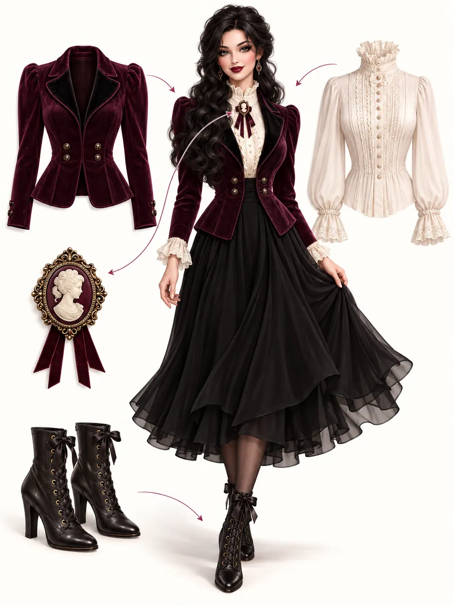 Illustration of an adult gothic host outfit with plum jacket, high-collar blouse, black skirt, cameo brooch, and ankle b