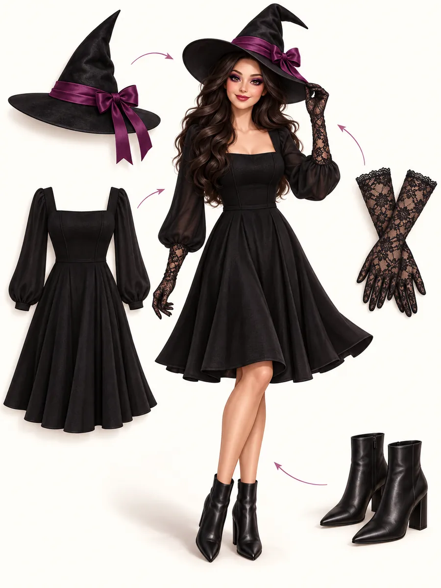 Illustration of an adult witch outfit with a black dress, pointed hat, lace gloves, and separate accessory illustrations
