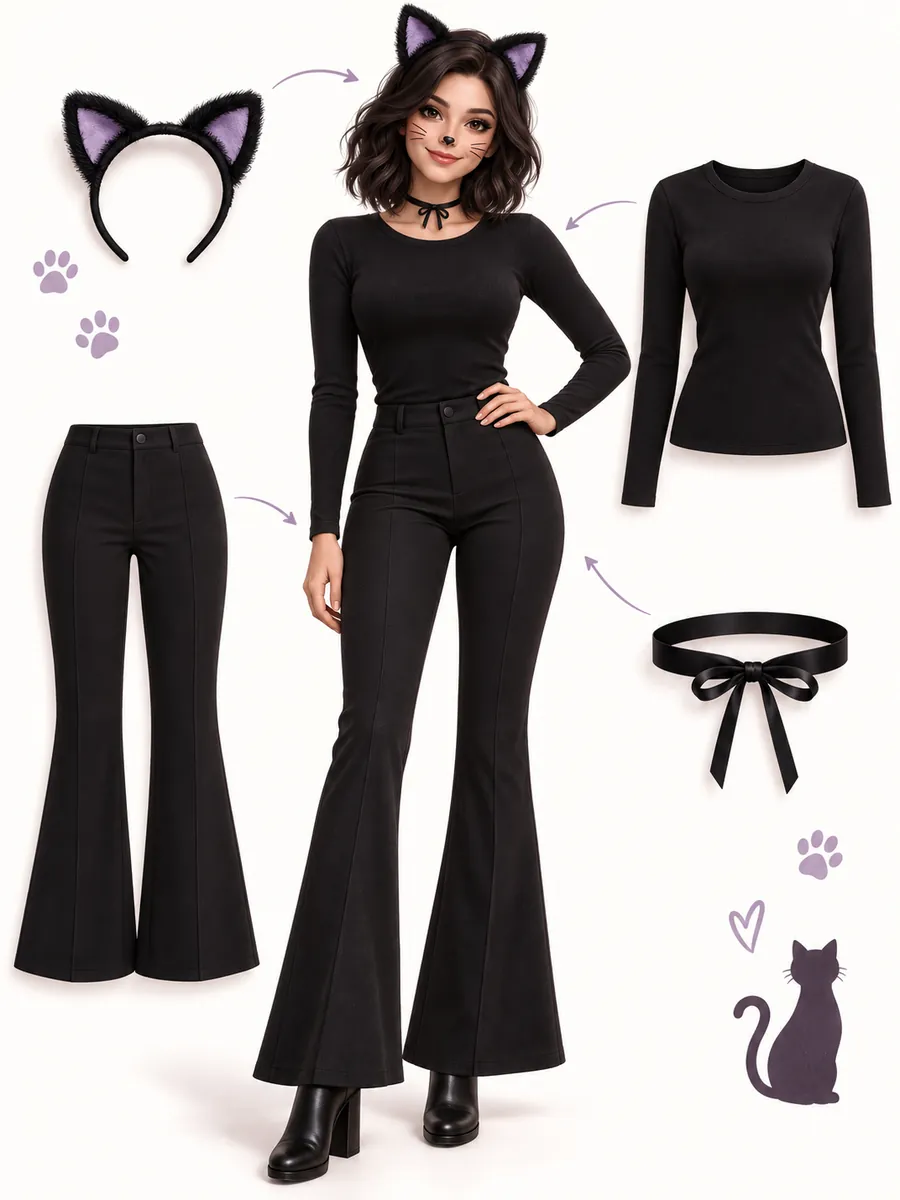 Illustration of an adult black cat outfit with cat ears, black top, flared pants, and ribbon choker, with separate cloth